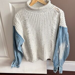 Rehab Cream Knit Sweater with Blue Denim Sleeves